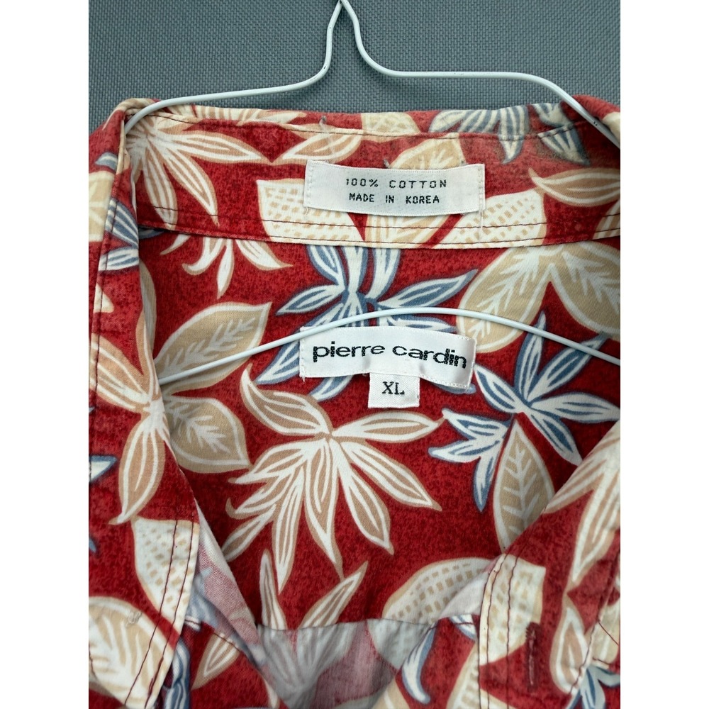 Vintage Pierre Cardin Mens XL Red Floral Leafy Print Short Sleeve Shirt Cotton - Picture 4 of 5